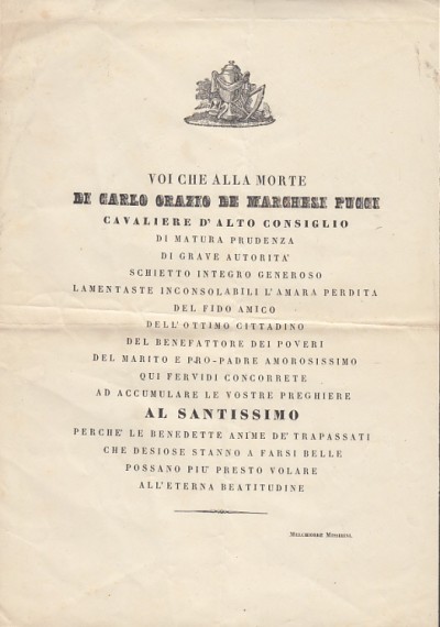 Foglio di due carte con necrologio di carlo orazio de marchese pucci scritto nella prima facciata - Missirini Melchiorre