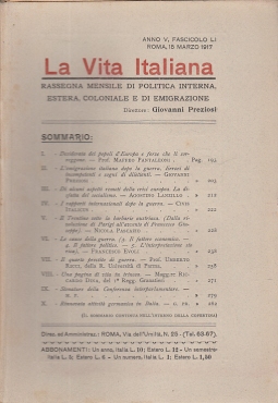 LA VITA ITALIANA RASSEGNA MENSILE DI POLITICA INTERNA ESTERA, COLONIALE E DI EMIGRAZIONE ANNO V FASCICOLO LI MARZO 15 MARZO 1917