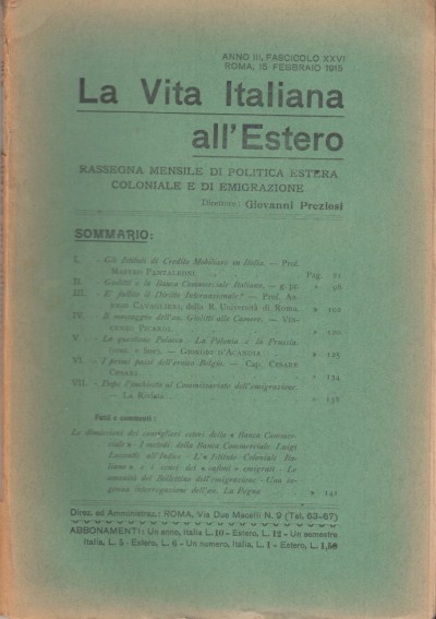 La vita italiana all'estero anno iii fascicolo xxvi roma, 15 febbraio 1915 - Giovanni Preziosi (direttore)