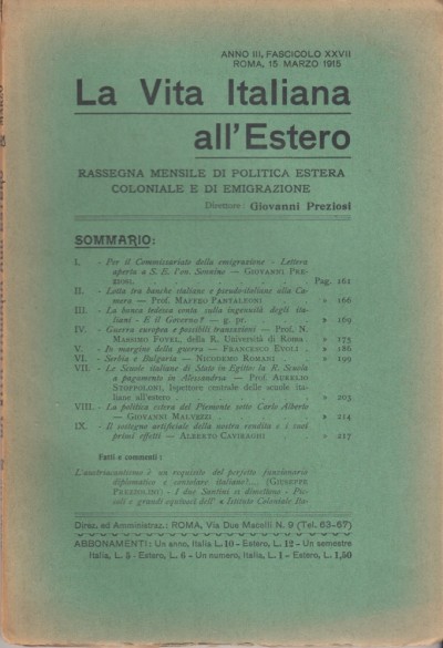 La vita italiana all'estero anno iii fascicolo xxvii roma, 15 marzo 1915 - Giovanni Preziosi (direttore)