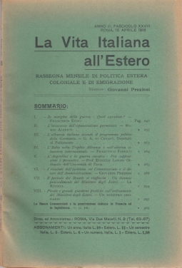 La Vita Italiana all'Estero Anno III Fascicolo XXVIII Roma, 15 Aprile 1915