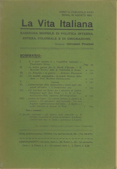 La vita italiana anno iii, fascicolo xxxii roma, 15 agosto 1915 - Giovanni Preziosi (direttore)