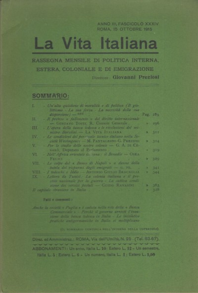 La vita italiana anno iii, fascicolo xxxiv roma, 15 ottobre 1915 - Giovanni Preziosi (direttore)
