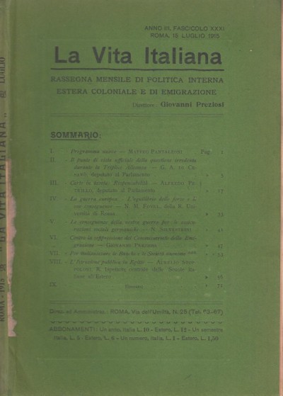 La vita italiana anno iii, fascicolo xxxi roma, 15 luglio 1915 - Giovanni Preziosi (direttore)